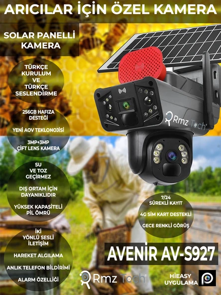 AVENİR Av-s927 6mp 2 Kameralı Güneş Enerjili Ptz 4g Sım Kartlı Yüksek Çözünürlük Mobil Izleme