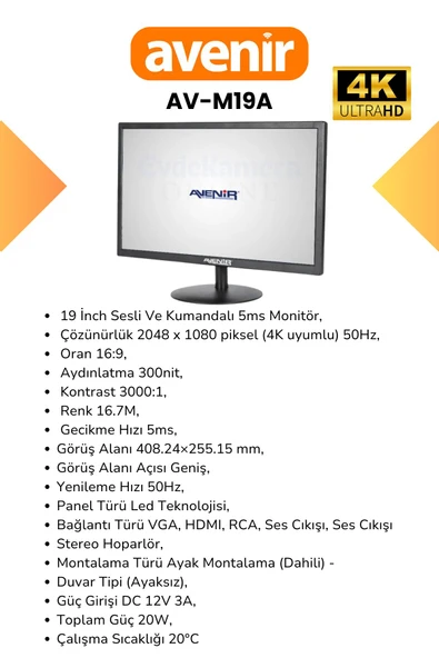 AVENİR 19" Monitör Av-m19a, Hdmı-vga Uyumlu, Dahili Hoparlör, - 5