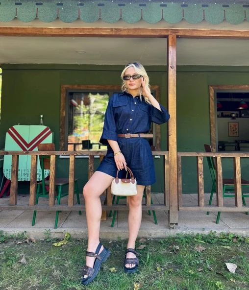 Kadın Denim Gömlek Şort Takım Lacivert - 3