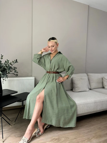 Kadın Kemer Detaylı Gömlek Elbise Çağla Yeşili