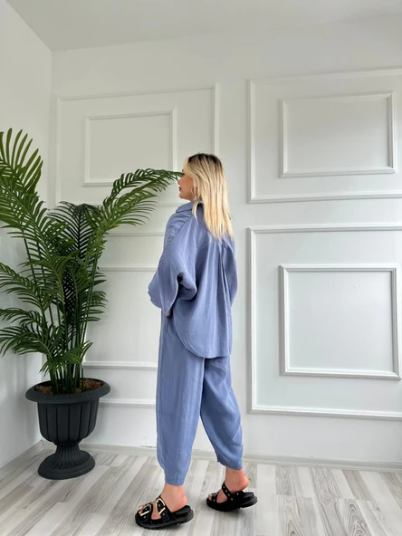 Kadın Gömlek Pantolon Takım Gri Mavi - 3