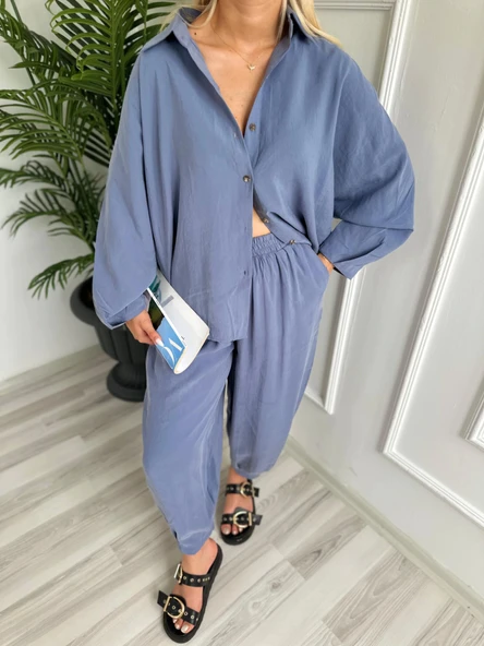 Kadın Gömlek Pantolon Takım Gri Mavi