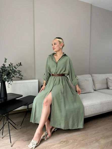 Kadın Kemer Detaylı Gömlek Elbise Çağla Yeşili - 3