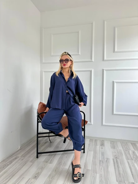 Kadın Gömlek Pantolon Takım Lacivert - Resim 2