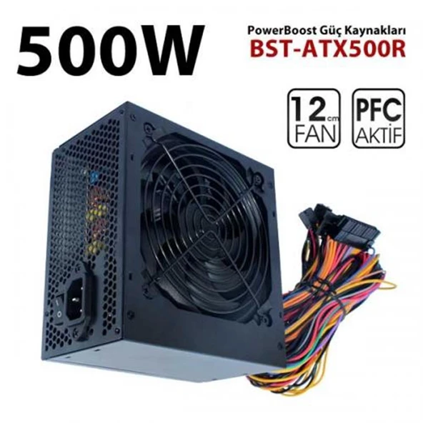PowerBoost PB500AR 500W APFC 2-PCI-E 6+2 Pin 12cm Siyah Fanlı ATX Power Supply ürün görseli 1
