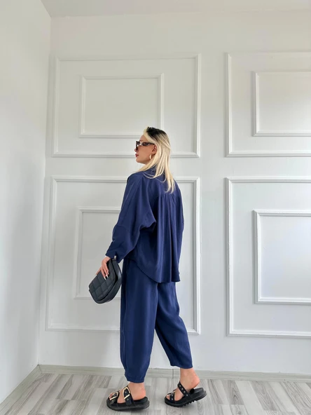 Kadın Gömlek Pantolon Takım Lacivert - Resim 3