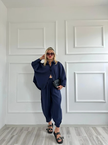 Kadın Gömlek Pantolon Takım Lacivert - Resim 4