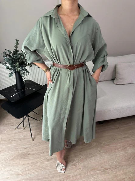 Kadın Kemer Detaylı Gömlek Elbise Çağla Yeşili - 2