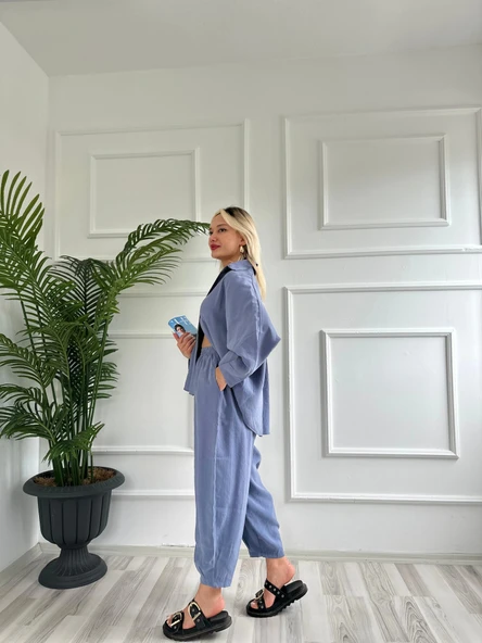 Kadın Gömlek Pantolon Takım Gri Mavi - 4