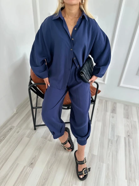 Kadın Gömlek Pantolon Takım Lacivert ürün görseli 1