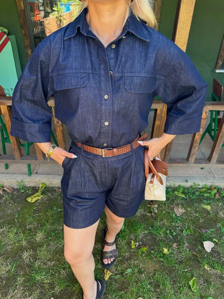 Kadın Denim Gömlek Şort Takım Lacivert - 2