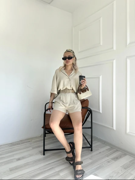 Kadın Gömlek Şort Keten Takım Taş Rengi - Resim 4