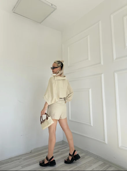 Kadın Gömlek Şort Keten Takım Taş Rengi - Resim 5