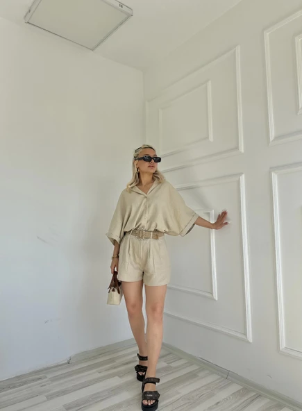 Kadın Gömlek Şort Keten Takım Taş Rengi - Resim 6