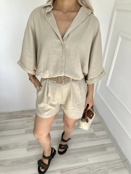Kadın Gömlek Şort Keten Takım Taş Rengi - Resim 2