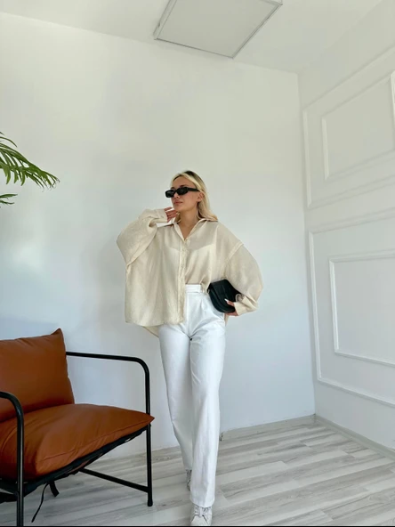 Kadın Oversize Gömlek Taş Rengi - Resim 3