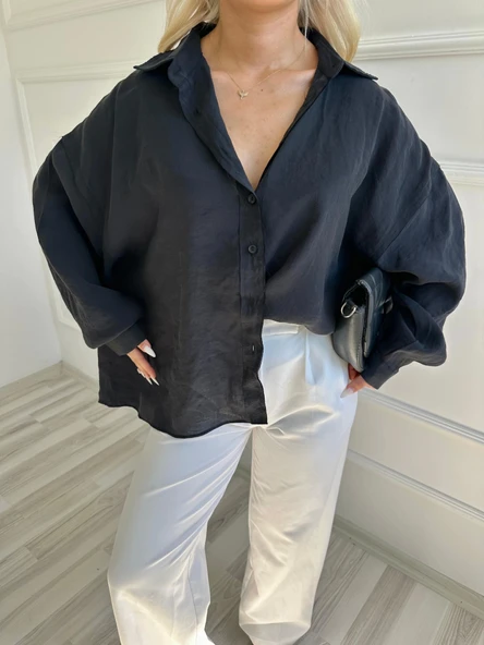 Kadın Oversize Gömlek Siyah - 2