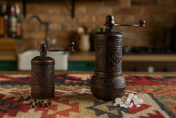 LUDIA Osmanlı Arması Motifli Baharat Değirmeni Bakır Renk 2 li Set Top Küpe Hediyeli!