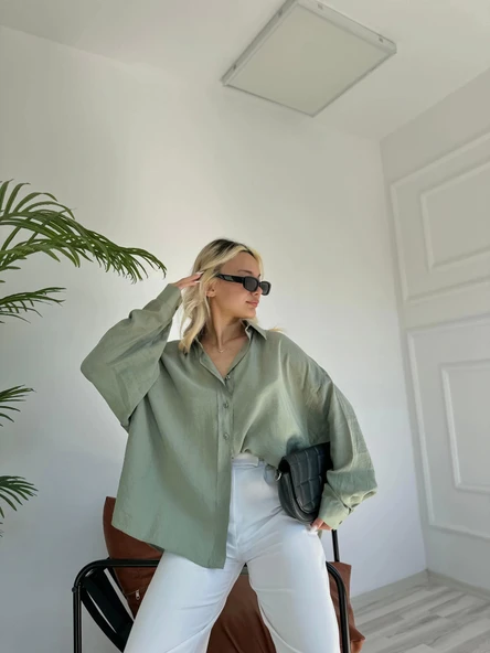 Kadın Oversize Gömlek Çağla Yeşili - 2