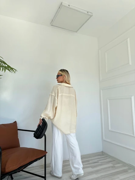Kadın Oversize Gömlek Taş Rengi - Resim 4