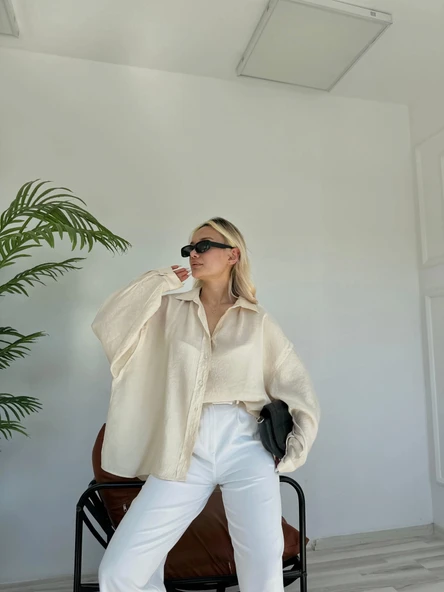 Kadın Oversize Gömlek Taş Rengi ürün görseli 1