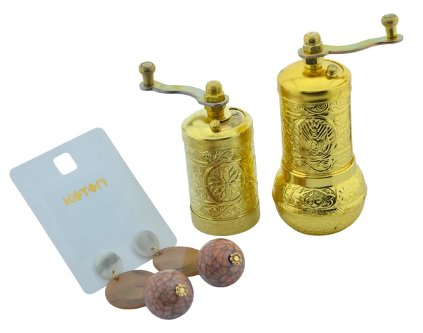 LUDIA Osmanlı Arması Motifli Baharat Değirmeni Sarı 2 li Set Top Küpe Hediyeli! - 3