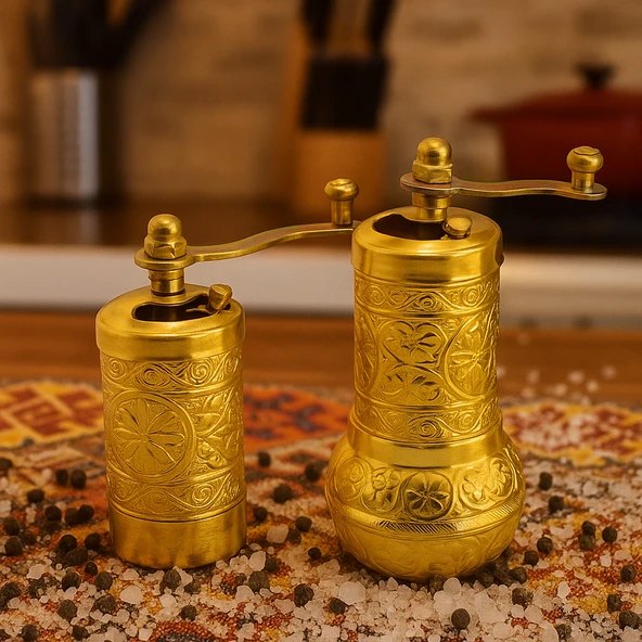 LUDIA Osmanlı Arması Motifli Baharat Değirmeni Sarı 2 li Set Top Küpe Hediyeli!