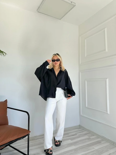 Kadın Oversize Gömlek Siyah - 4