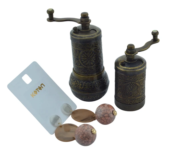 LUDIA Osmanlı Arması Motifli Baharat Değirmeni Antik Renk 2 li Set Top Küpe Hediyeli! - 3