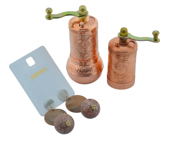 LUDIA Osmanlı Arması Motifli Baharat Değirmeni Demir Renk 2 li Set Top Küpe Hediyeli! - 3