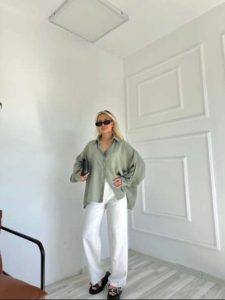 Kadın Oversize Gömlek Çağla Yeşili - 3