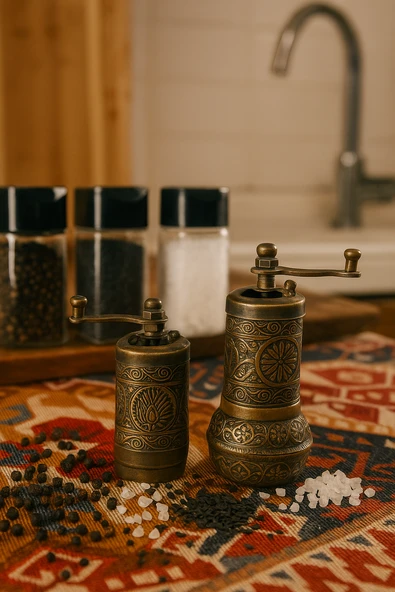 LUDIA Osmanlı Arması Motifli Baharat Değirmeni Antik Renk 2 li Set Top Küpe Hediyeli!