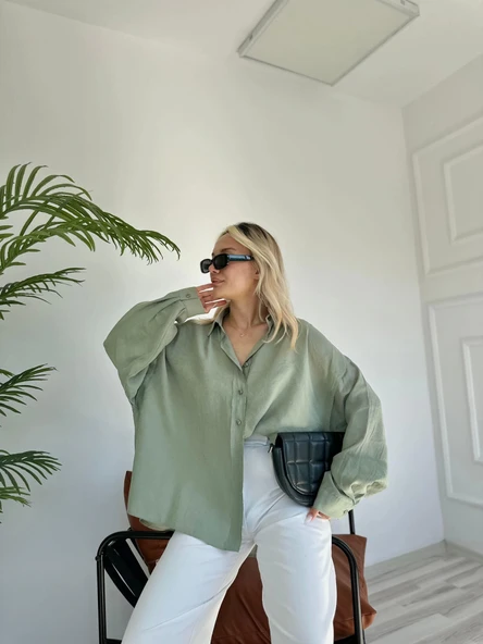 Kadın Oversize Gömlek Çağla Yeşili - 4