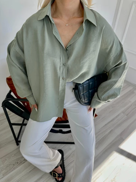 Kadın Oversize Gömlek Çağla Yeşili