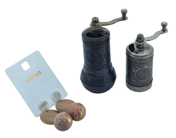 LUDIA Osmanlı Arması Motifli Baharat Değirmeni Kalay Renk 2 li Set Top Küpe Hediyeli! - 3