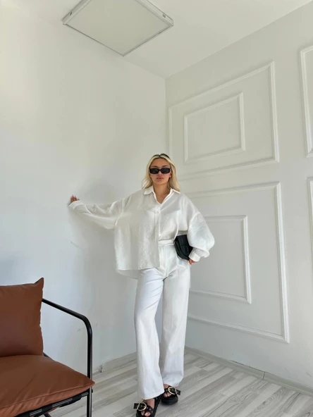 Kadın Oversize Gömlek Beyaz - Resim 4