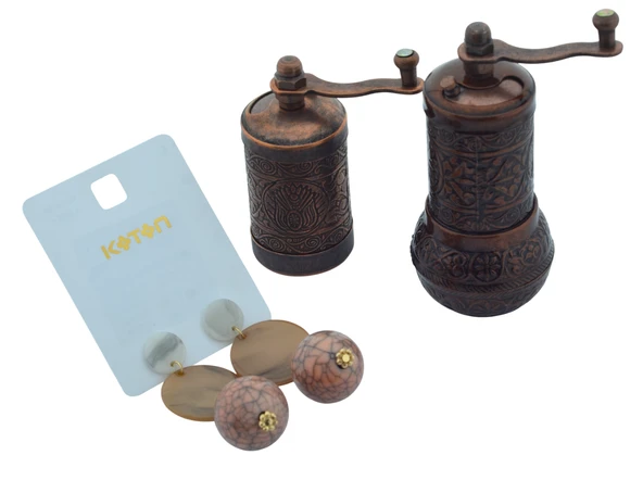 LUDIA Osmanlı Arması Motifli Baharat Değirmeni Bakır Renk 2 li Set Top Küpe Hediyeli! - 3