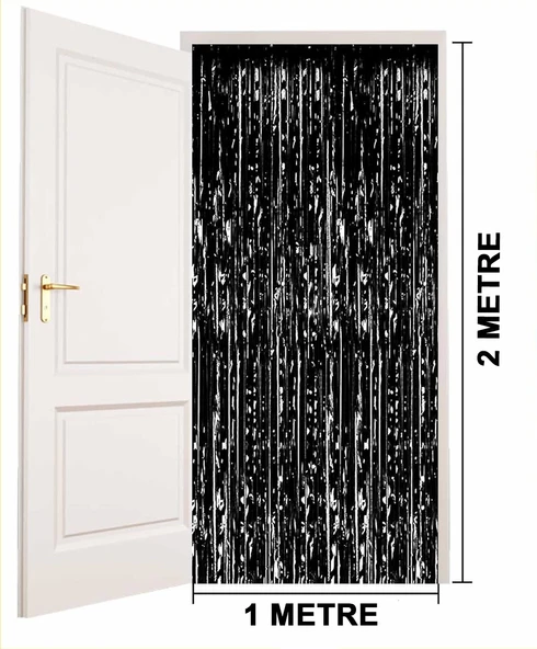 Siyah Renk Ekstra Metalize Parlak Saçaklı Arka Fon Perde İthal A Kalite 1x2 Metre - 9