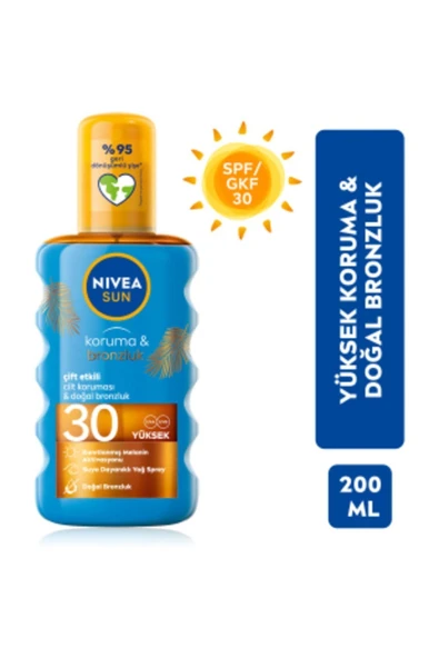 NİVEA SUN SPF30 KORUMA & BRONZLUK GÜNEŞ YAĞI 200 ML SPREY,YÜKSEK GÜNEŞ KORUYUCU DOĞAL BRONZLAŞTIRICI