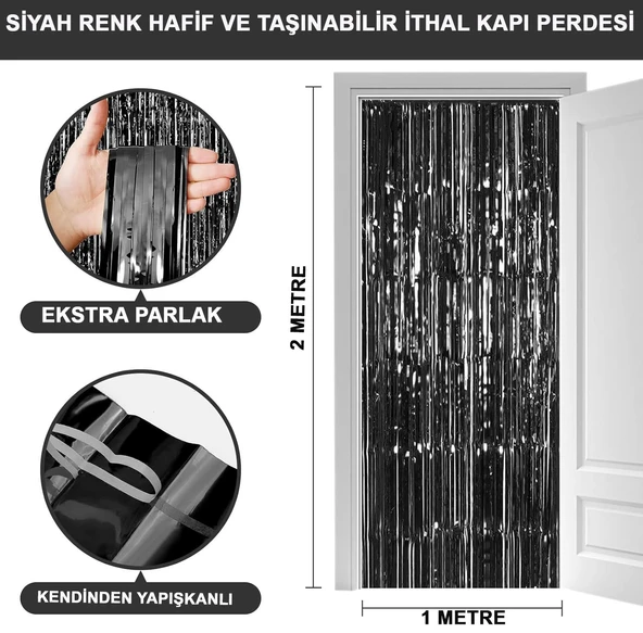 Siyah Renk Ekstra Metalize Parlak Saçaklı Arka Fon Perde İthal A Kalite 1x2 Metre - 6