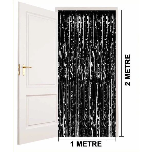 Siyah Renk Ekstra Metalize Parlak Saçaklı Arka Fon Perde İthal A Kalite 1x2 Metre - 4