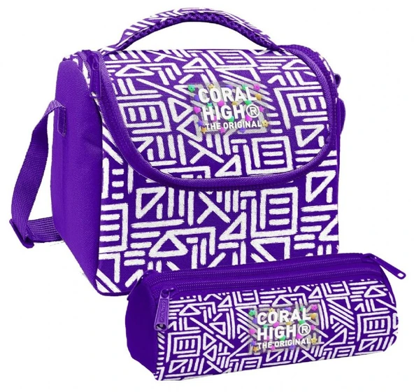 Coral High Kız Çocuk Mor Beyaz Geometrik Şekiller Thermo Beslenme Çantası ve Üç Bölmeli Kalem Çantası Seti ürün görseli