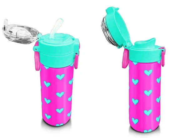 Coral High 500 ml Kız Çocuk Pipetli Termos/Matara - Neon Pembe Su Yeşili Kalp Desenli - Çift Kullanım Özelliği - 4