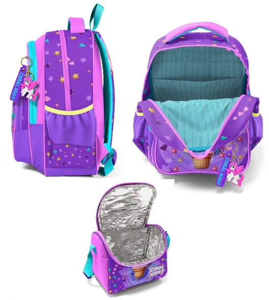 Coral High Kız Çocuklara Özel İlkokul Çantası ve Beslenme Çantası Takım - Mor Pembe Dondurma Unicorn - Resim 2