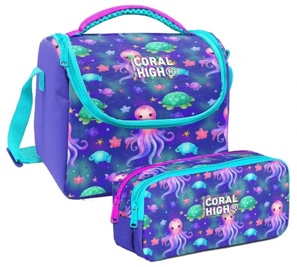 Coral High Kız Çocuk Lavanta Turkuaz Deniz Anası Thermo Beslenme Çantası ve İki Bölmeli Kalemlik Seti ürün görseli