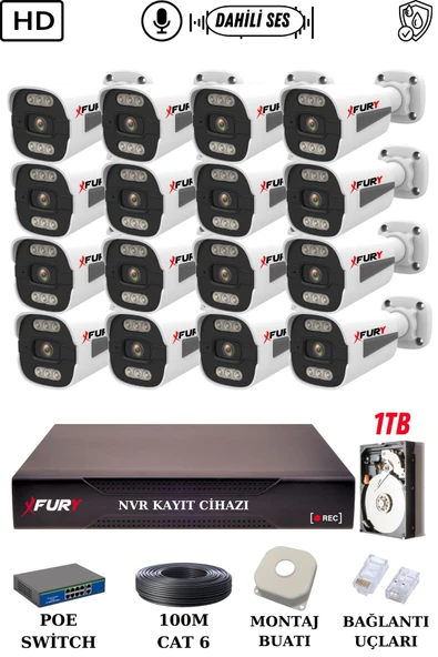 FURY 16 Kameralı Ip Güvenlik Kamerası Seti Sesli 4mp Gece Renkli Su Geçirmez 1506s 1TB - 2
