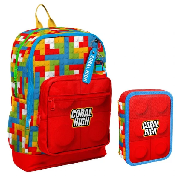Coral High Kırmızı Yapı Blokları Erkek Çocuk Okul Çantası ve Organizer Kalemlik Seti 23775 11157 - Resim 3