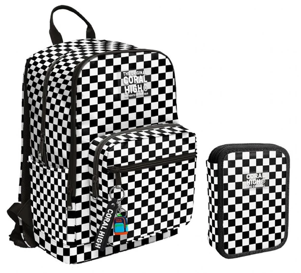 Coral High Siyah Beyaz Damalı Kız Çocuk Okul Çantası ve Organizer Kalemlik Seti - İlkokul ve Ortaokul - Resim 3