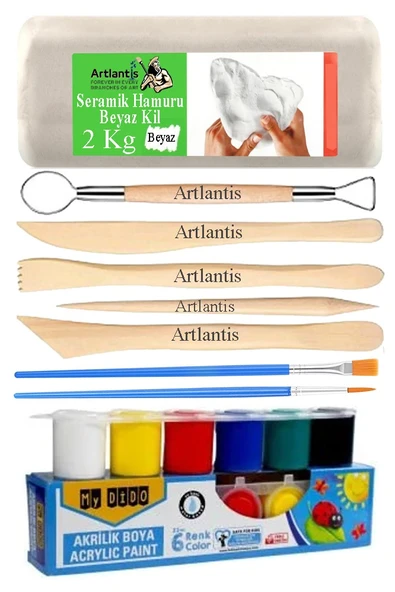 Beyaz Seramik Hamuru 2 Kg Ebeşuar Modelleme Mydido 6 Renk Akrilik Boya Fırça Seramik Çamuru Heykel Sanat Çömlek