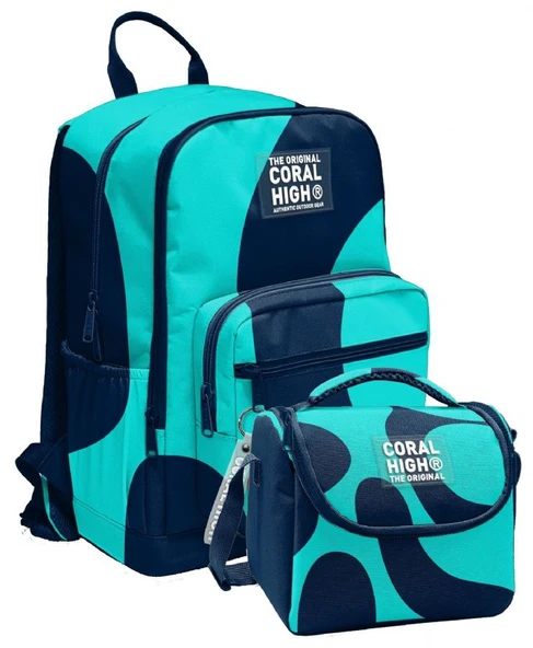 Coral High İlkokul ve Ortaokul Sırt Çantası ve Beslenme Seti - Erkek Çocuklar İçin Lacivert Turkuaz Renkli Çizgili ürün görseli